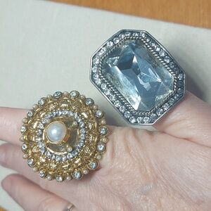 2 Adjustable Statement Rings Bling Crystal Lot